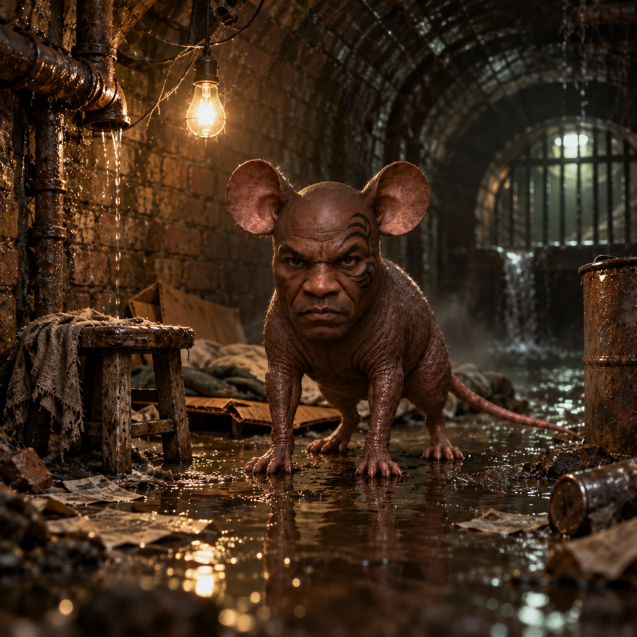 Mice Tyson inside his sewer hideout